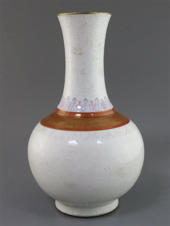 A Chinese bianco sopra bianco bottle vase, Kangxi mark but later, height 41cm